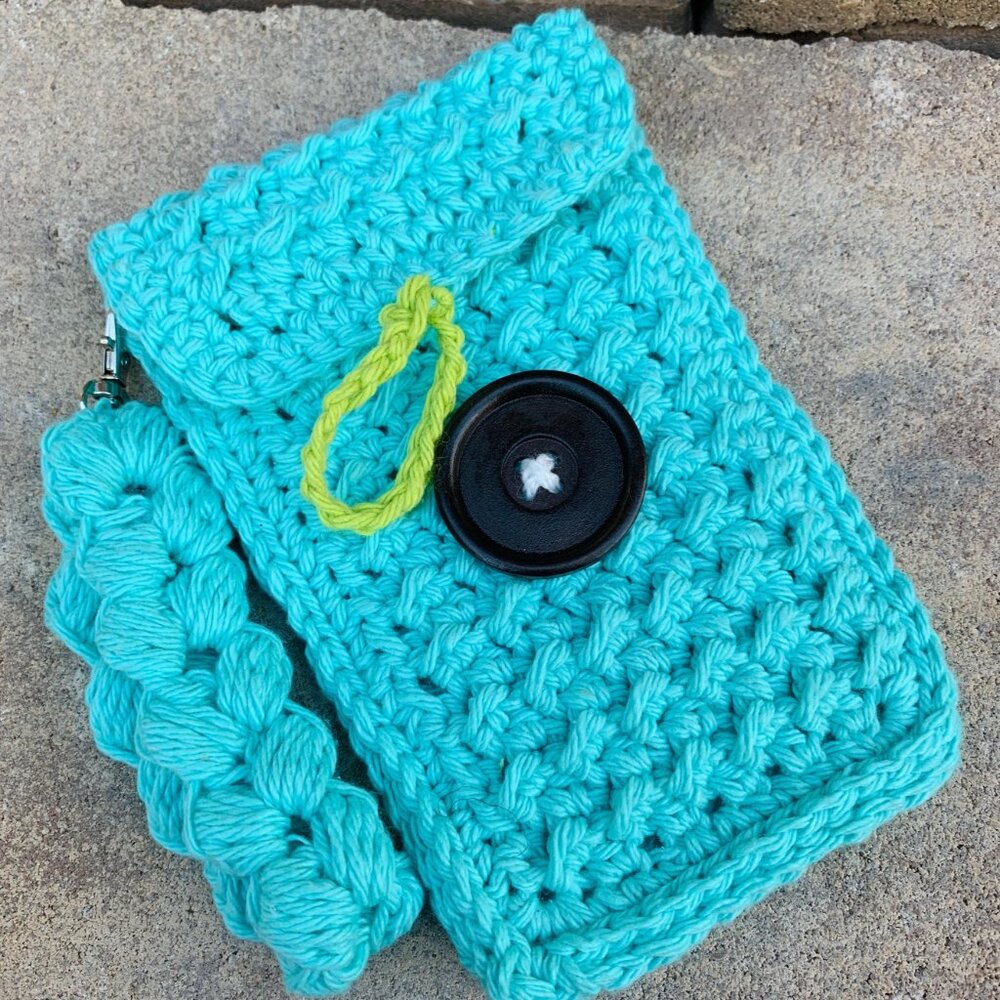 Handmade Crochet Blue Turquoise/Aqua Blue/Green/Cotton/Black Button/Wristlet Bag